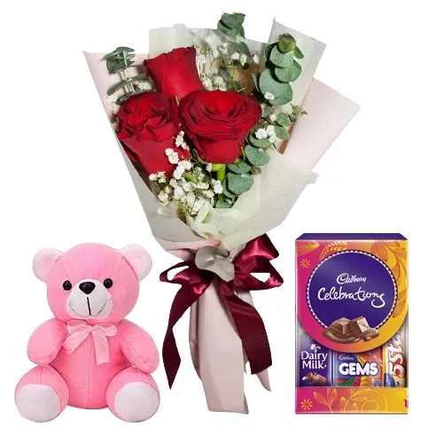 Marvelous Red Rose Hand Bunch, Cute Teddy and Cadbury Assortment Mini Pack