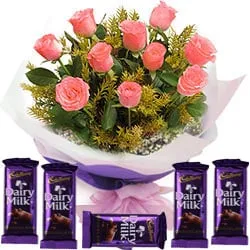 Pink Rose Bouquet N Cadbury Dairy Milk Chocolates