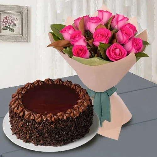 Buy Online Pink Roses with Chocolate Cake