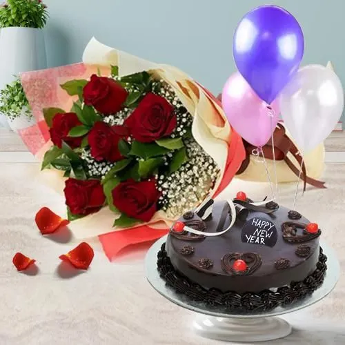 Truffle Cake with Red Roses Bouquet and Balloons