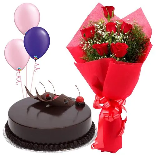 Online Combo of Truffle Cake, Red Roses Bunch n Balloons