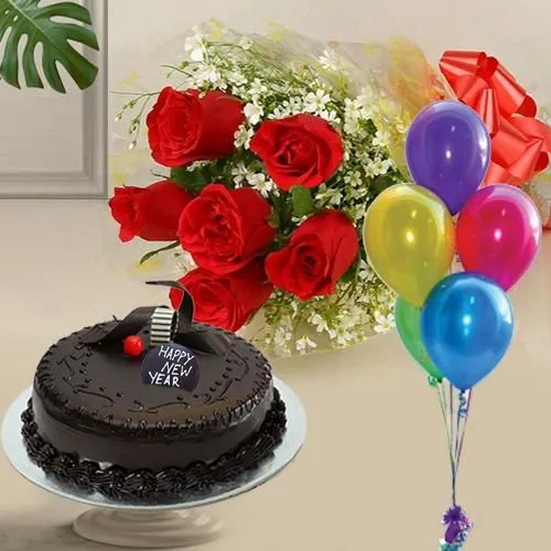 Chocolate Cake with Red Rose Bouquet and Balloons