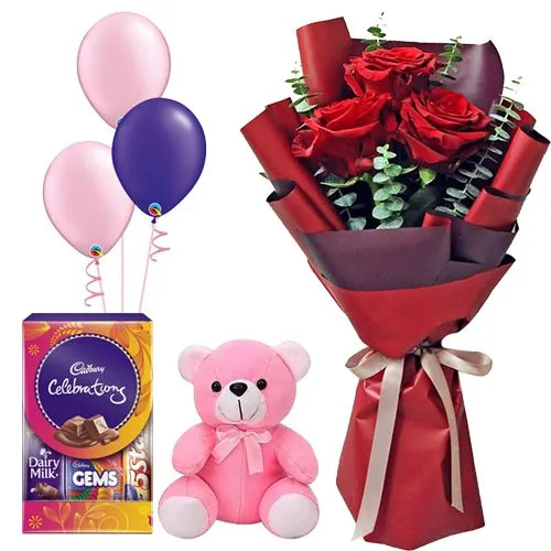 Roses with Chocolates Teddy and Balloons