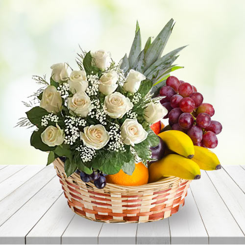 Pleasant White Roses N Fruits Selection