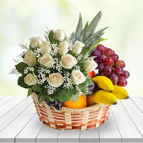 Touching Union of Happiness White Roses N Fruits Gift