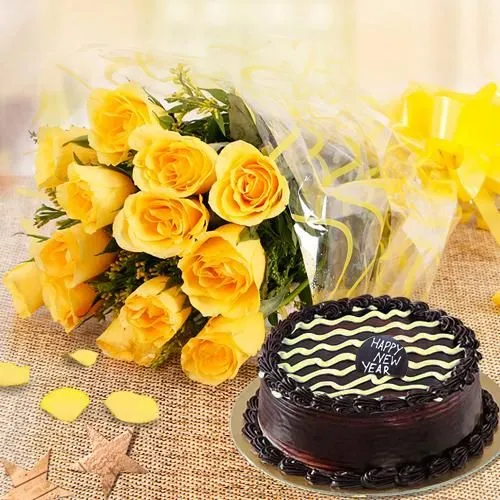 Chocolate Cake with Yellow Rose Bouquet
