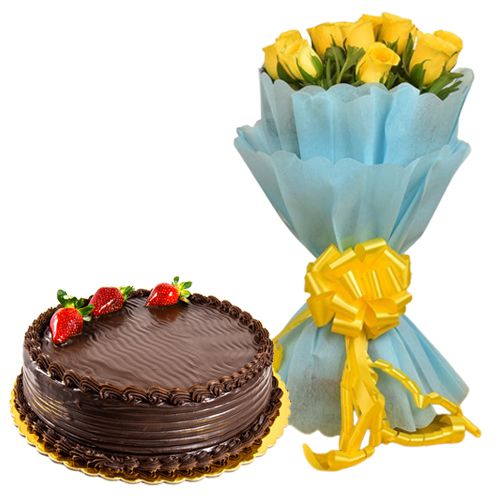Tasty Chocolate Cake n a Bouquet of Yellow Roses