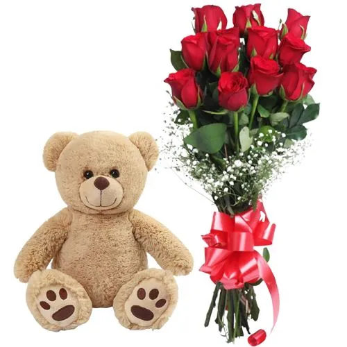 Lovable Teddy Bear with Red Roses