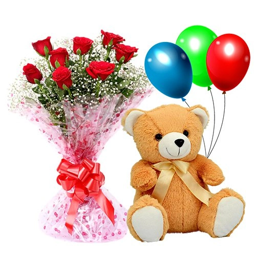 V-Day Trio set of Teddy, Red Roses N Balloons