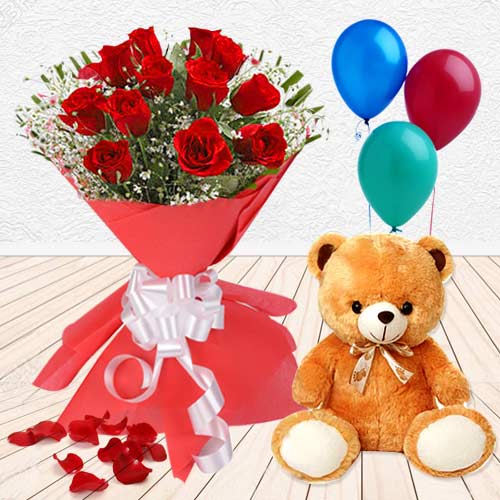 Magical Delight Combo of Red Roses, Teddy and Balloons