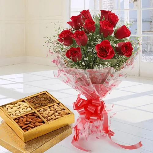Red Rose Bouquet N Mixed Dry Fruits