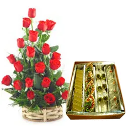 Online Assorted Sweets with Red Roses Basket Arrangement