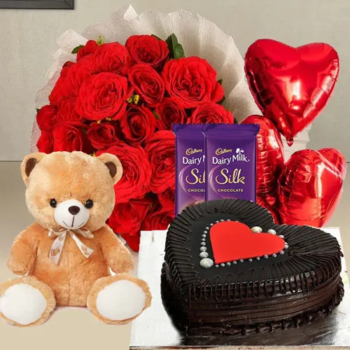 Online gift combo of Cakes, Red Roses, Love Teddy, Chocolates n Balloons
