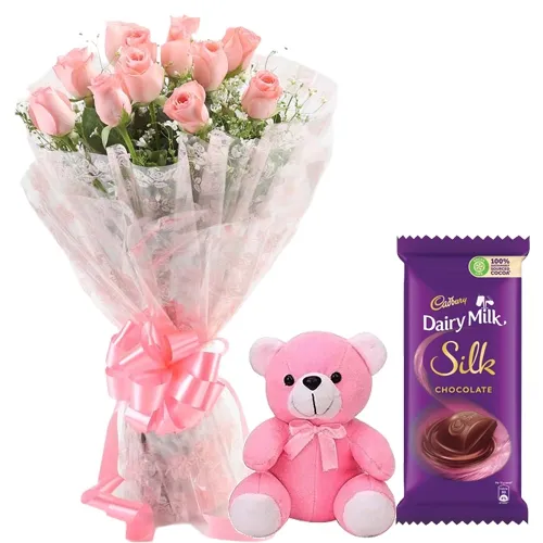 Elegant Pink Roses Bouquet with Silk N Teddy