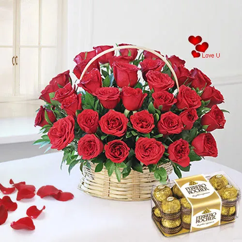 Order Red Roses Basket with Ferrero Rocher Online