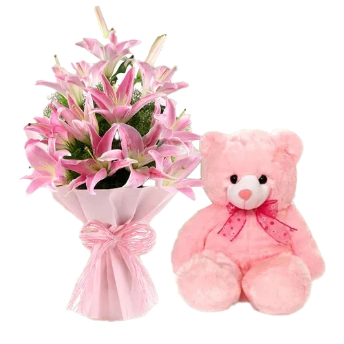 Pink Lilies Bouquet with Teddy for V-Day