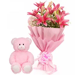 Pink Lilies Bouquet N Teddy