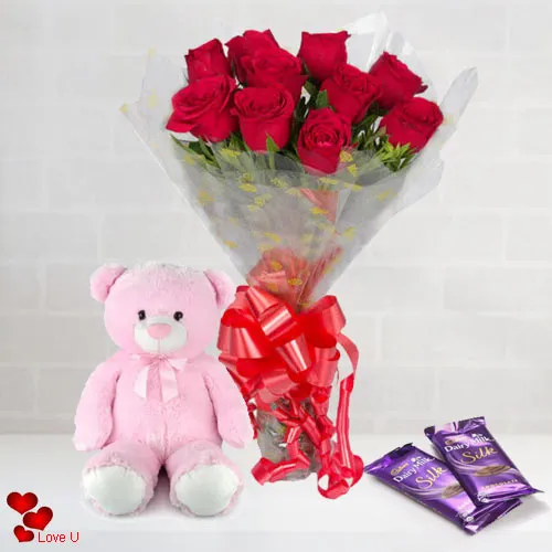 Trio of Chocolates, Red Roses Bouquet N Teddy for Hug Day