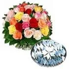 Online Kaju Barfi with Mixed Roses Bouquet