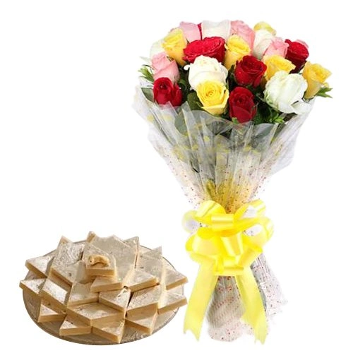 Send Mixed Roses with Kaju Barfi Online