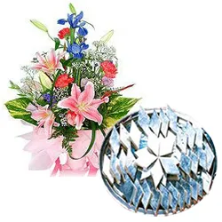 Send Kaju Barfi with Seasonal Flowers Bouquet