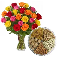 Online Assorted Dry Fruits with Bouquet of Mixed Colour Roses