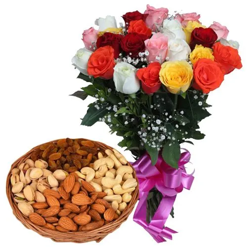 Deliver Mixed Roses with Dry Fruits to India