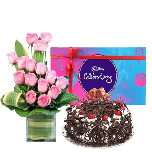 Send Combo of Cake, Pink Roses Arrangement with Cadbury Celebrations