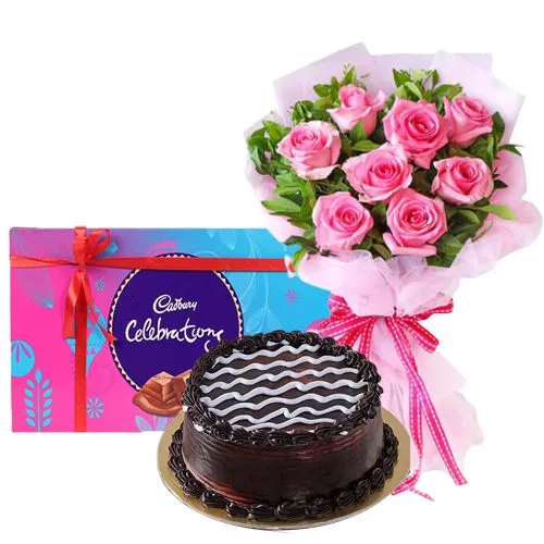Deliver Cake, Pink Rose Bouquet and Cadbury Celebrations