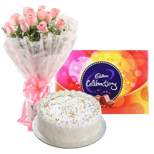 Send Cadbury Celebrations with Cake and Pink Rose Arrangement