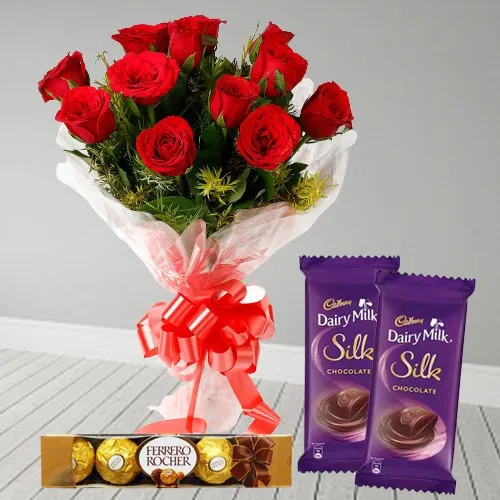 Deliver Red Rose Bouquet with Ferrero Rocher N Dairy Milk Silk