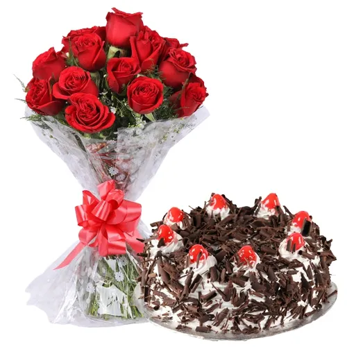 Order Online Black Forest Cake N Red Roses Bouquet