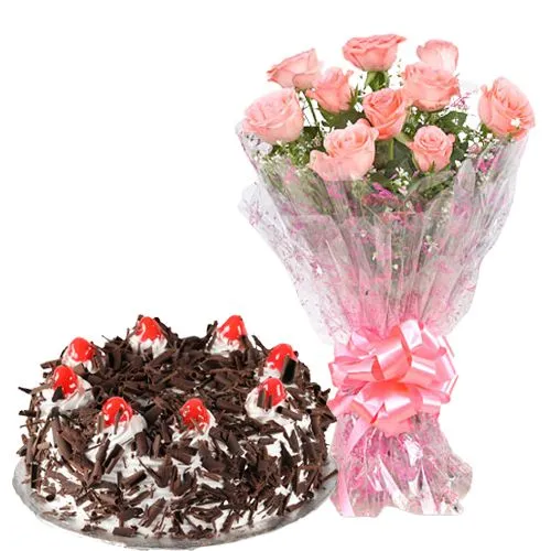 Remarkable Black Forest Cake N Pink Roses Bouquet