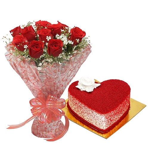 Heart Shape Red Velvet Cake with Red Rose Bouquet