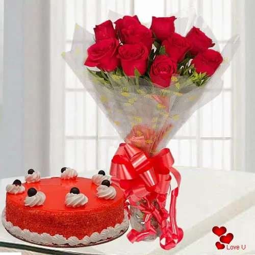 Lovingly-Made V-Day Red Velvet Cake with Red Roses Bouquet