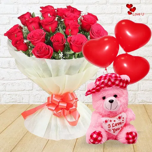 Teddy with Balloons and Red Rose Bouquet