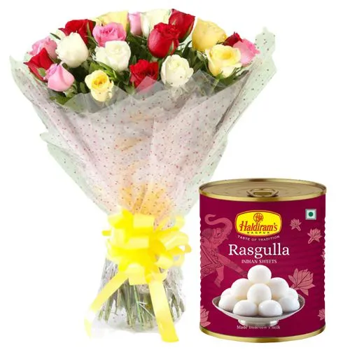 Order Combo of Mixed Roses with Haldirams Rasgulla