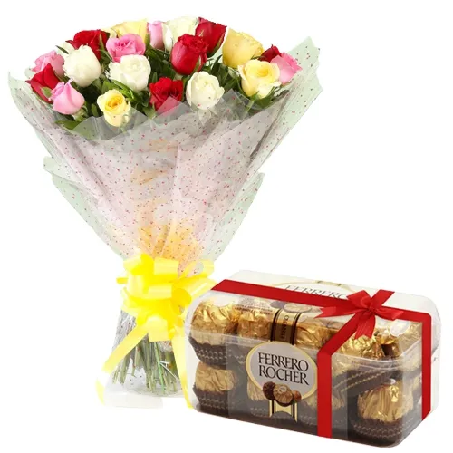 Deliver Combo of Mixed Roses Bouquet with Ferrero Rocher