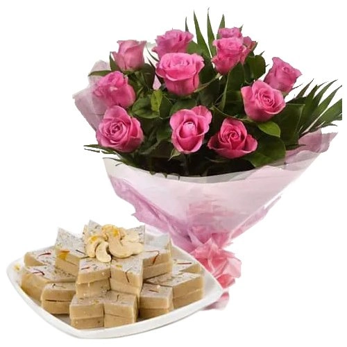 Online Combo of Pink Roses and Kaju Katli