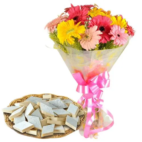 Delicious Kaju Katli and Arrangement of Mixed Gerberas