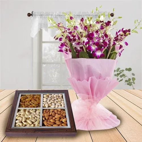 Gift Orchids Bouquet and Dry Fruits Tray