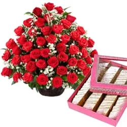 Shop for Red Roses Arrangement with Kaju Barfi