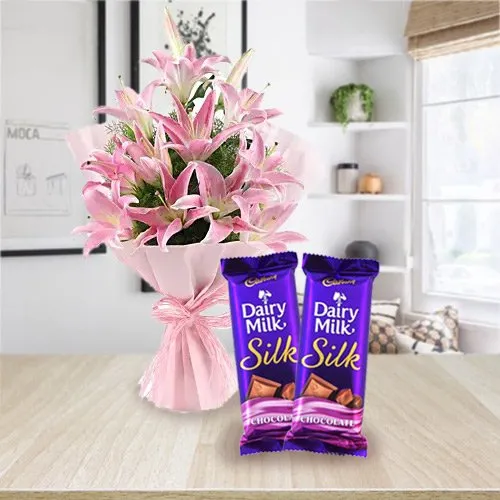 Gift Oriental Pink Lilies Bouquet N Dairy Milk Silk