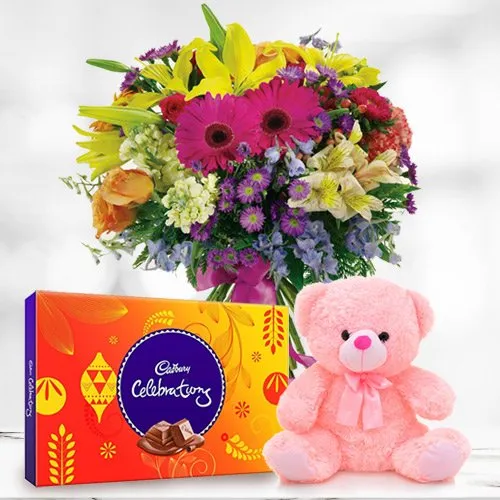 Sending Cadbury Celebration with Mixed Flowers N Teddy