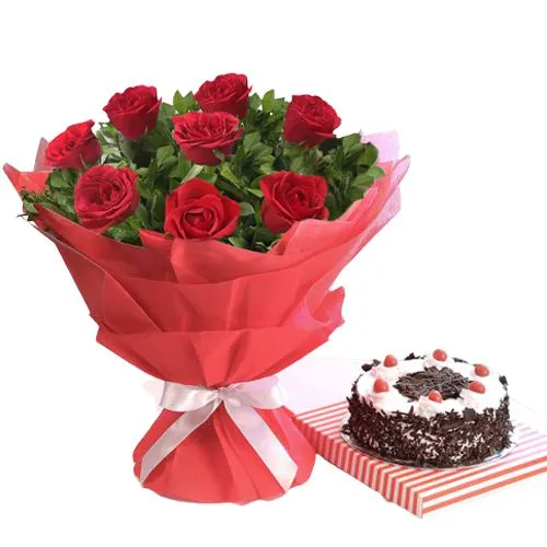 Order Black Forest Cake with Red Rose Bouquet