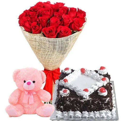 Online Black Forest Cake with Red Roses Bouquet N Teddy