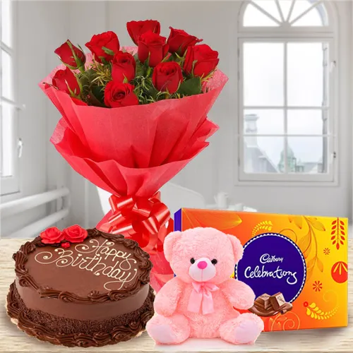 Buy Rose Bouquet with Chocolate Cake, Teddy and Cadbury Celebrations