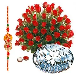 Red Roses and  Kaju Katli with Free Rakhi, Roli Tika, Chawal