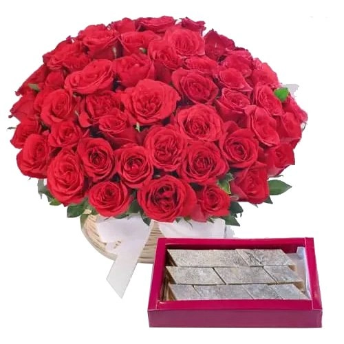 Deliver Kaju Barfi with Basket of Red Roses