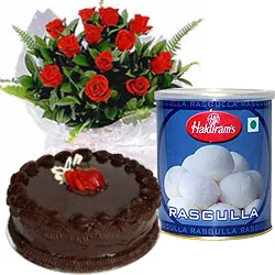 Order Red Roses, Rasgulla N Eggless Cake